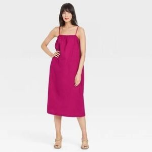 NWT spaghetti strap elastic top side pockets midi Linen  dress size Large.